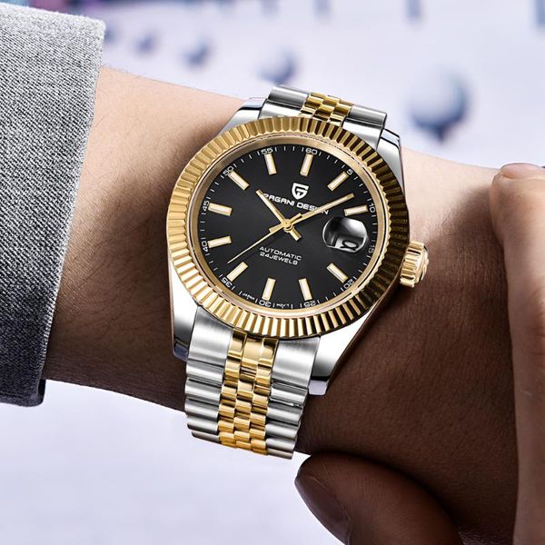 

pagani design mens watches fashion automatic mechanical watch men stainless steel sport waterproof clock, Slivery;brown