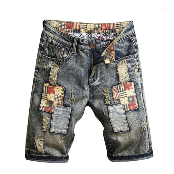 

jeans shorts patchwork ripped embroidery male straight shorts washed distrressed scratched designer boys knee length pants summer mens hole, Blue