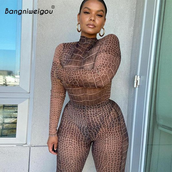 

bangniweigou printed mesh bodysuit leggings two piece set snakeskin see-through long sleeve pants club outfits fall, Gray