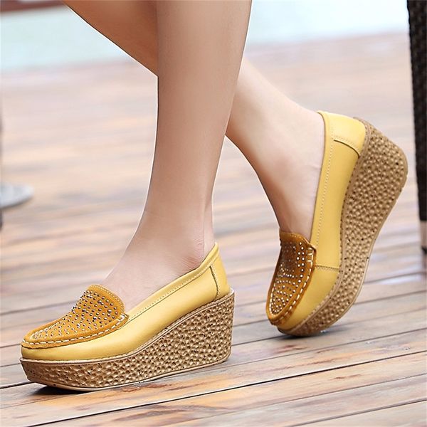 

women genuine leather wedge platform shoes ladies slip on crystal flat shoes high heel 7cm thick sole shallow flats casual shoes lj200812, Black