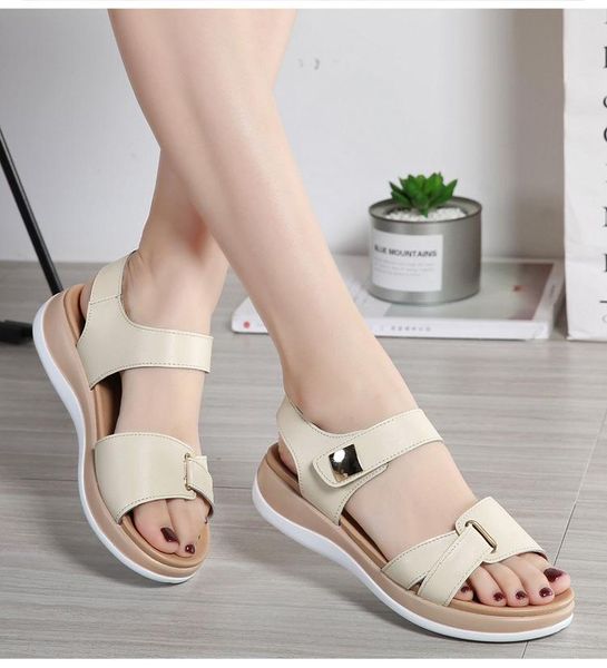 

natascha women female ladies mother genuine leather shoes sandals flats soft hook loop korean bling summer beach fashion open pu, Black