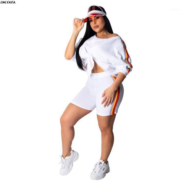 

2019 summer women stripes splicing o-neck tie up tee shorts suit two piece set tracksuit sporting outfit t3315h1, White