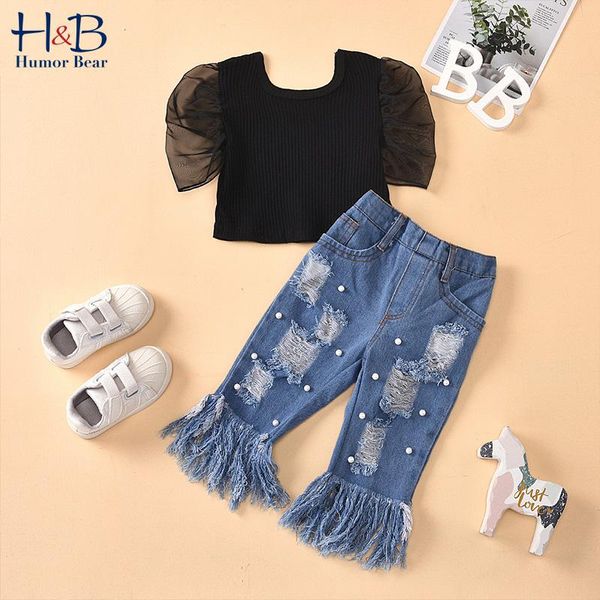 

clothing sets humor bear summer girls kids toddler net sleeve t-shirt+broken beads raw border jeans children 2pcs clothes, White