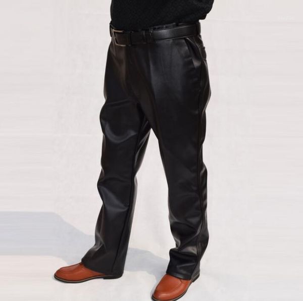 

straight high waist faux leather pants mens feet pants loose motorcycle pu trousers for men personality fashion pantalon homme1, Black