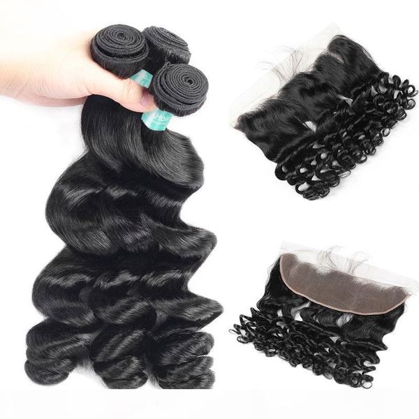 

brazilian peruvian malaysian indian loose wave virgin human hair weave 3 bundles with lace frontal closures cuticle aligned remy extensions, Black