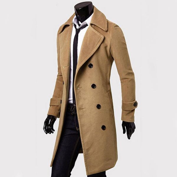 

2017 fashion trench coat men double buttons sobretudo masculino slim fit long trench coat for men autumn overcoat1, Tan;black