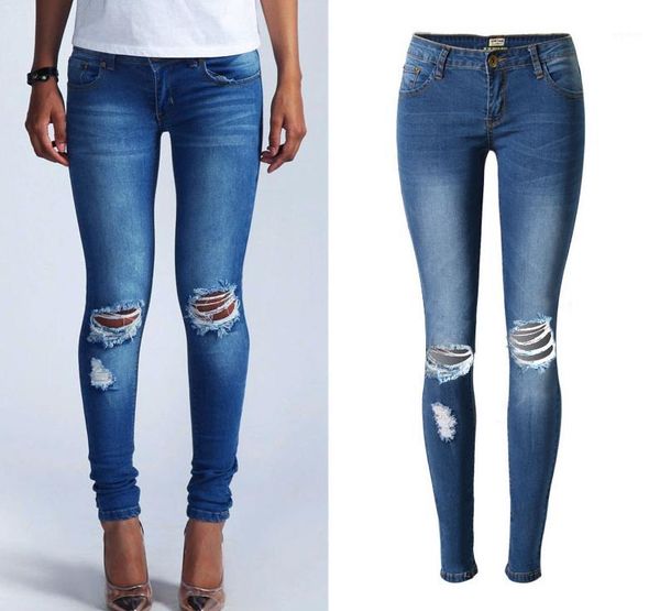 

new low waist super elastic knee hole jeans women fashion slim pencil blue skinny push up hip fashion women jeans1