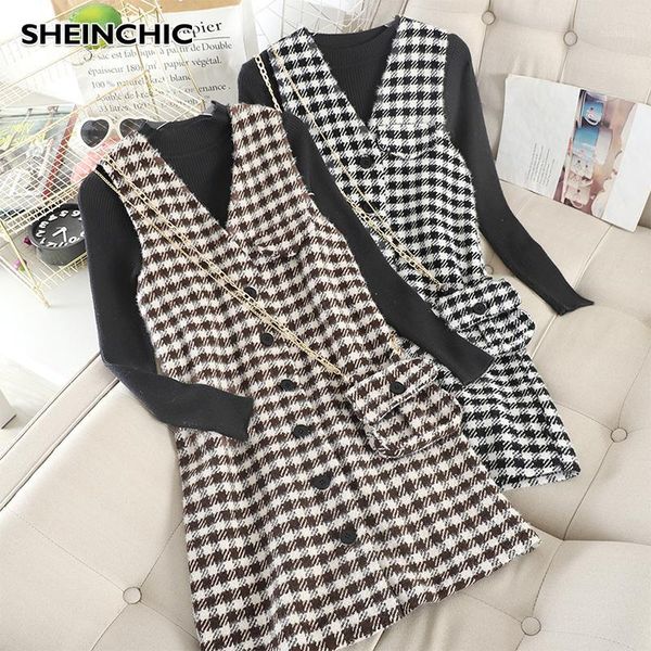 

korean 2019 autumn winter women 2pc set suit solid beige/black knit blouse sweater + single breasted houndstooth plaid dress1, White