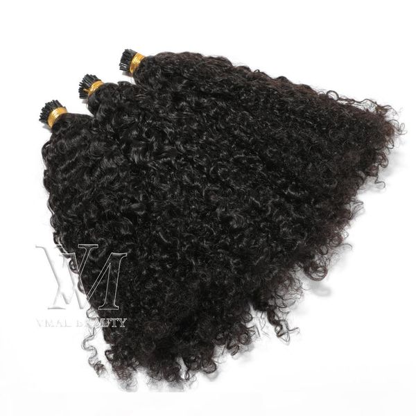 

peruvian mongulian i tip double drawn afro kinky curly 100 strands pre bonded stick i tip keratin fusion remy virgin human hair extension, Black