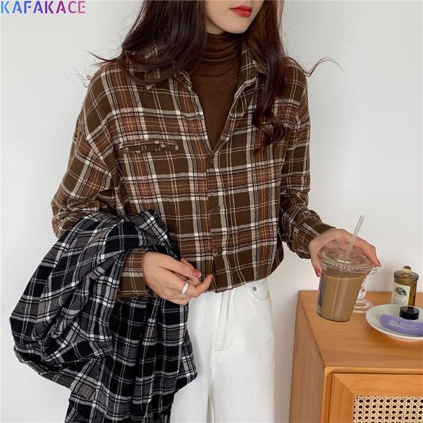 

kafakace 2020 blouses shirts women jacket shirts plaid korea autumn vintage blouse fashion cardigan spring 2020 clothing, White
