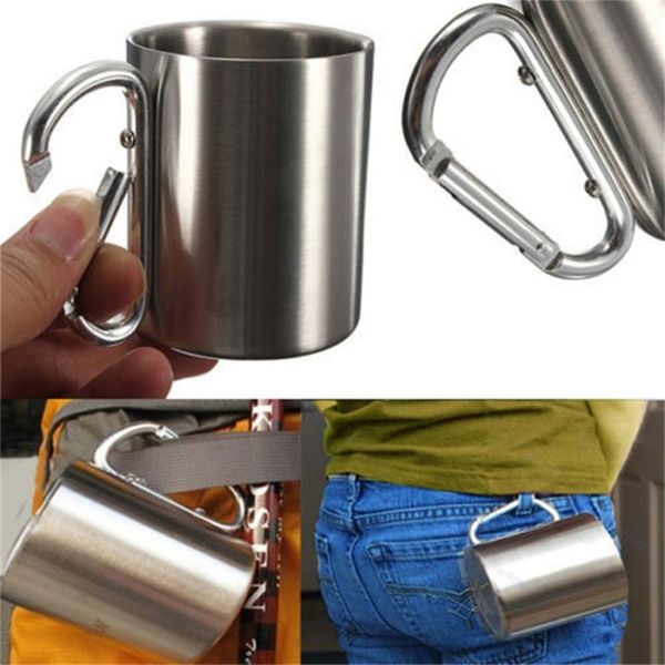 

factory 220ml stainless steel traveling cup double wall mug carabiner hook handle outdoor camping tableware tool
