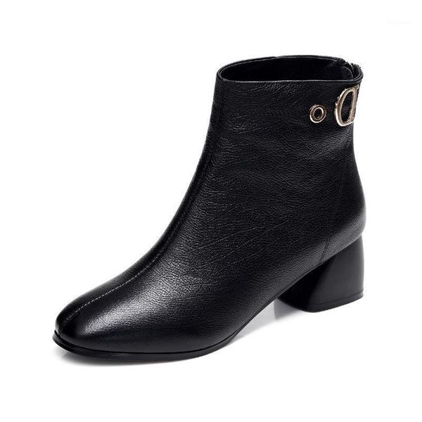 

boots women's short thick heel high heels leather plus velvet women shoes winter botas de mujer flat .1, Black