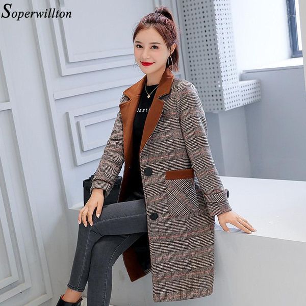 

women's wool blends coat 2019 autumn winter office lady elegant turn down collar plaid slim middle long woolen outerwear female1, Black