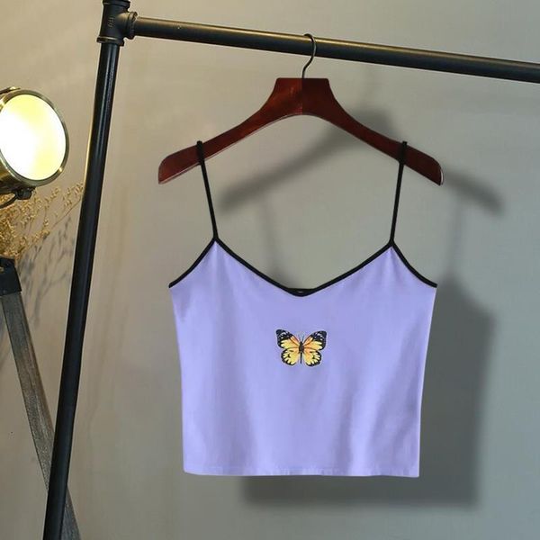 

fashion women ladies butterfly print purple tank sleeveless wear strappy tank vest summer short crop, White