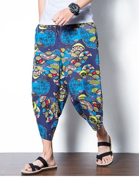 

plus size oversize 5xl loose elastic waist pocket wide leg jogger baggy cotton linen pant hip hop print solid harem japanese men1, Black