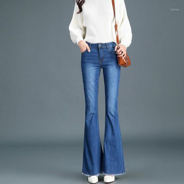 

2019 new spring and autumn office lady cotton plus size women female girls flare pants jeans clothes 793761, Blue