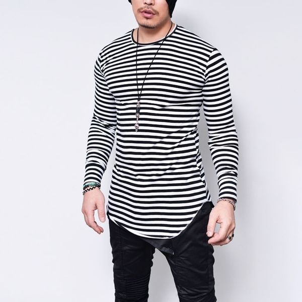 

spring striped men t-shirt fashion long sleeve high elastic casual streetwear irregular male slim 4xl 5xl oversize clothing 201203, White;black
