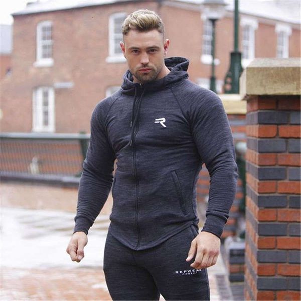 

casual zipper fitness men's new muscle sweater coat hooded joint sportswear for men, Gray