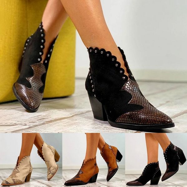 

new 2019 faux leather women's ankle boots with lace in retro style; cowboy boots with a pointed toe with snake print .xz-070, Black