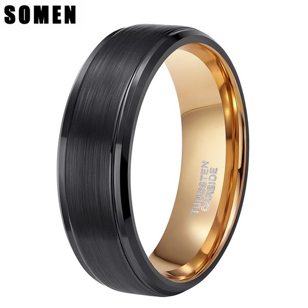 

somen ring men 8mm black tungsten carbide ring brushed gold inlay male vintage wedding band engagement rings anillos hombre 201218, Silver