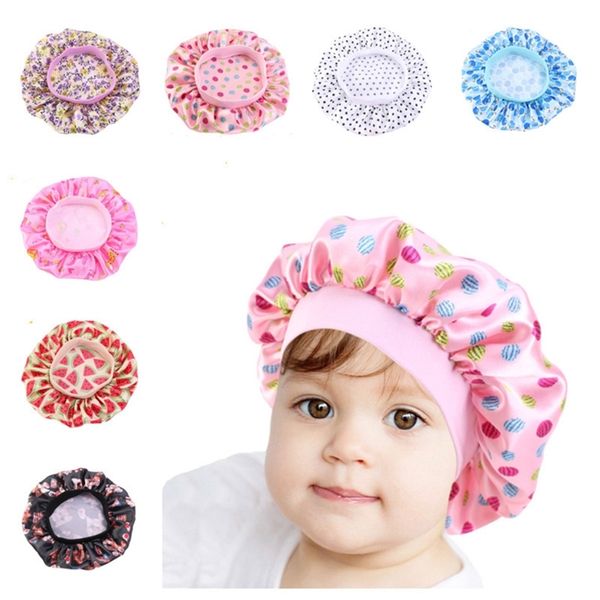 

9 colors fashion kids bonnet girl satin night sleep shower cap hair care soft cap head cover wrap beanies skull cap for 2-8y baby g12302, Yellow