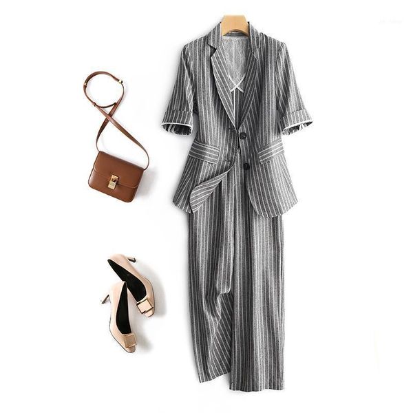 

spring and autumn women's suit linen stripe suit coat and trousers office women's pants two piece set plus size 2020 new1, White;black