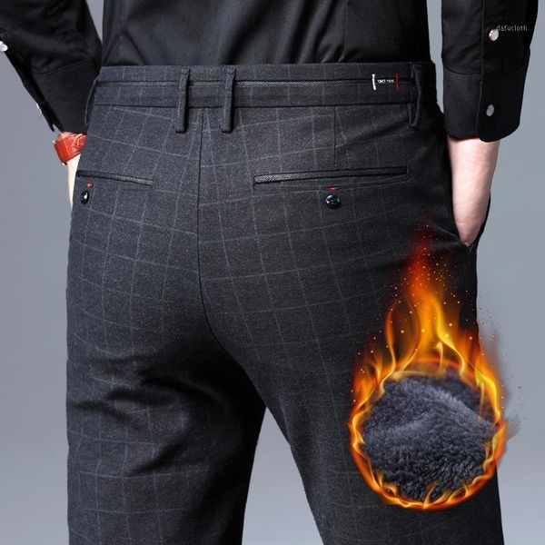 

men's winter warm casual pants classic style business fashion knitted fabric small straight stretch fleece thick trousers male1, Black