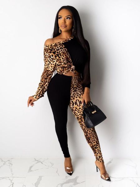 

leopard print women set long sleeve crop and slim pencil pant female 2 pieces club tracksuit outfits1, White