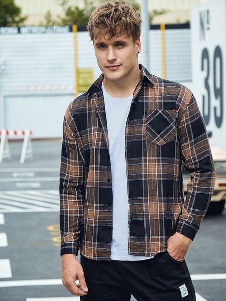 

men plaid pocket front shirt t8hm#, White;black