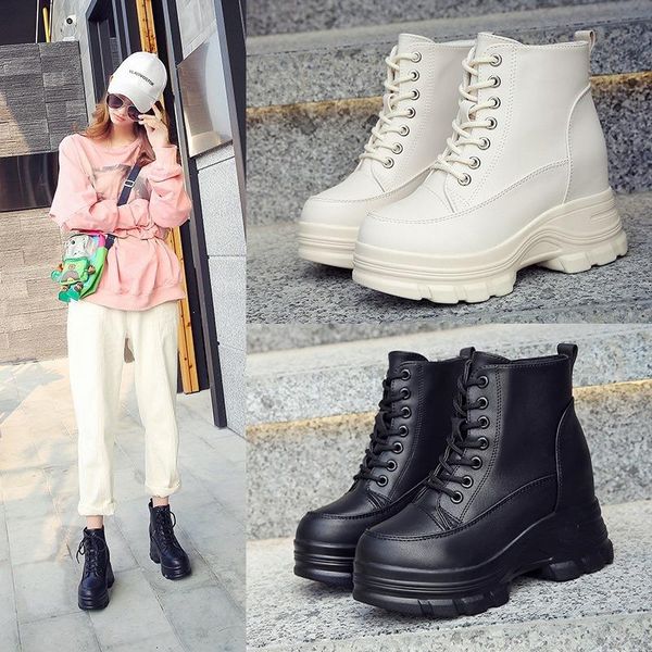 

boots one yona 2021 winter all-match women platform round toe low heels square heel lace-up, Black