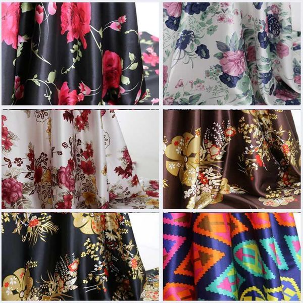 

flowers satin print cloth soft polyester charmeuse vintage fabric1, Black;white