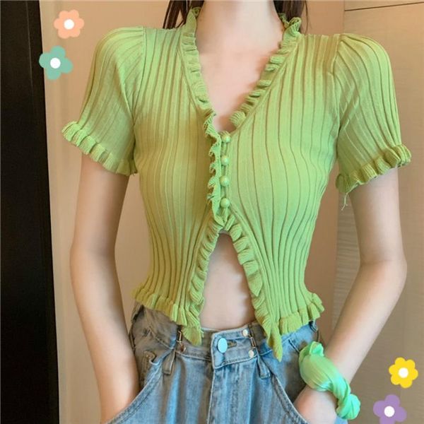 

french retro young style cardigans ruched t shirt split crop 2020 women knit rib summer streetwear fitness t shirts, White
