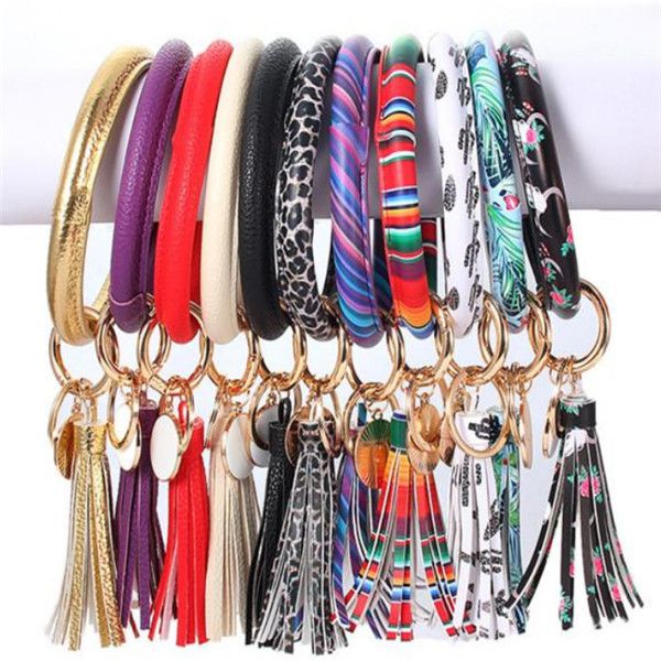

factorye0v4wristr 46styles chain pu leather round bracelet ring tassel pendant leopard bufflao wristband keychain bracel, Silver