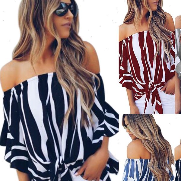 

2021 new women off shoulder blouses striped shirts summer short sleeve casual fashion bow blusas mujer, White