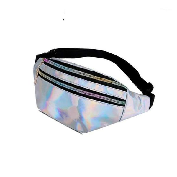 

holographic fanny pack women silver laser bum bag travel shiny waist bags fashion girls pink leather hologram hip bag1