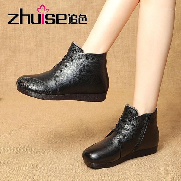 

boots warm winter mother women cotton shoes plush leather middle aged and old women's antiskid soft soled comfortable short boots1, Black