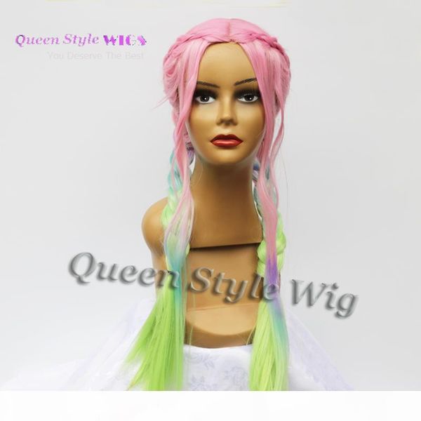 

synthetic colorful candy hair wig muti tone pastel ombre color hair wig double dutch braids or loose curly african american wig, Black