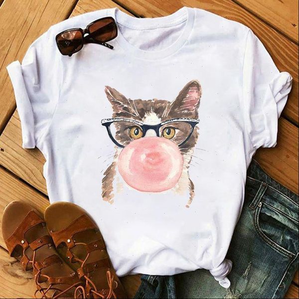 

new lovely cat print women t shirt fashion o neck short sleeve shirts summer t shirt casual female tshirt, White