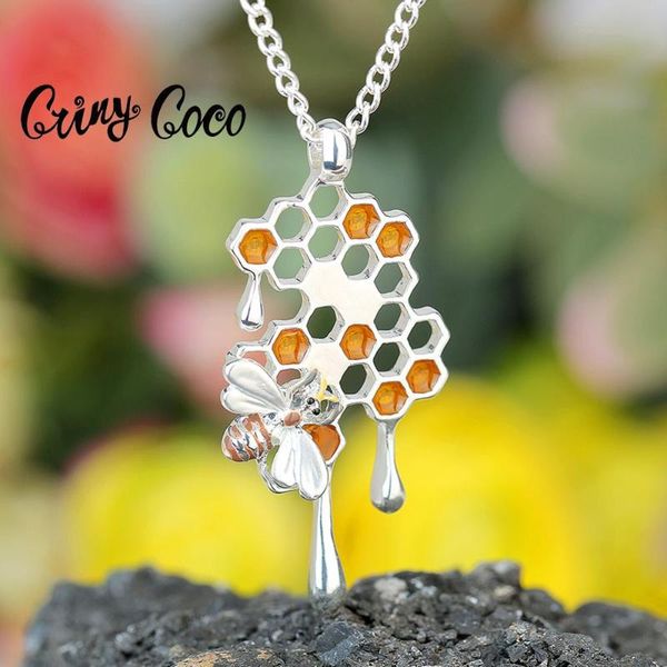 

cring coco 2020 bee pendants necklaces for women handmade designer enamel dripping honey chains choker necklace jewelry new year, Silver