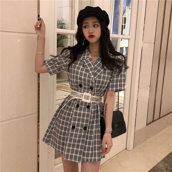 

retro french women short sleeve mini dress cute sweet turn down neck harajuku plaid a line dress vintage sashed slim mini dress, Black;gray