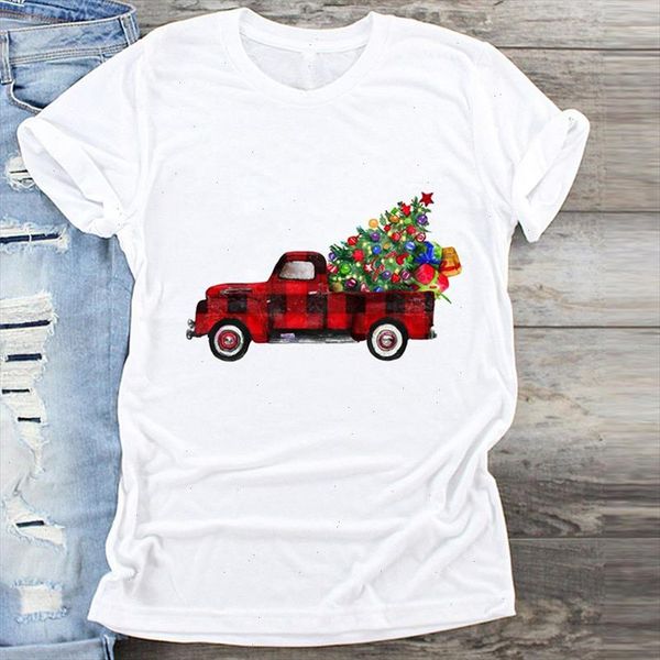 

women plaid truck gift cartoon holiday merry christmas print clothes graphic female tshirts t shirt ladies tee t shirt, White