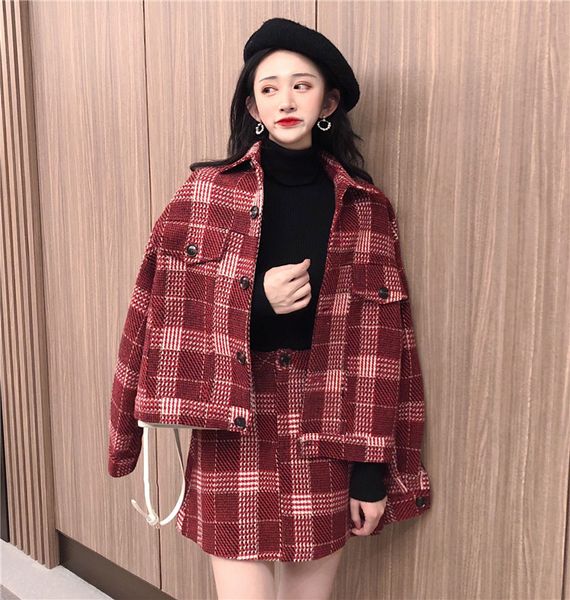 2021 Rosso Una Linea Autunno Inverno Moda 2 Pezzi Set Donna Plaid Tweed Turn Down Colletto del Cappotto della Giacca + Mini Vestito Gonna Abbigliamento Vintage da donna