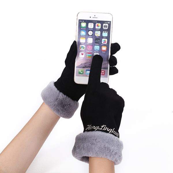 

winter female english alphabet plush wrist warm cashmere full finger mittens women suede leather touch screen driving gloves 82d, Blue;gray