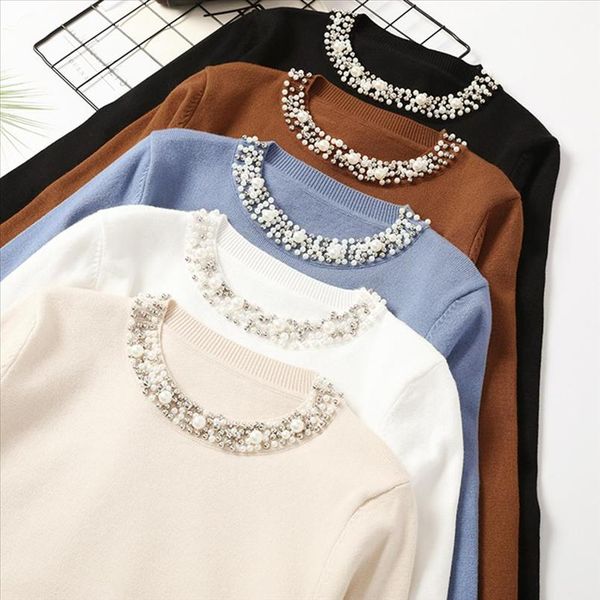 

autumn winter women beaded sweater 2021 o neck elegant sweater jumper loose casual warm femme sweater knitting bottom shirt, White;black
