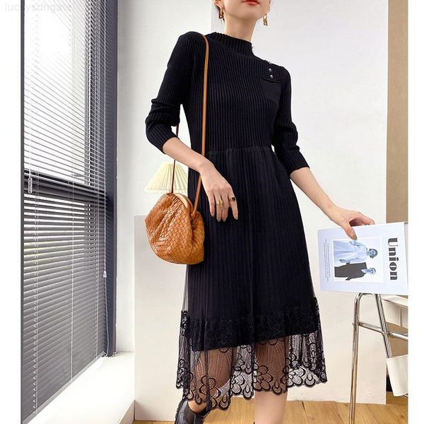 

warm lace patchwork elegant for women thick autumn winter 2021 new long sleeve knitted sweater dress ladies knit jumper, Black;gray