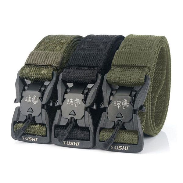 

waist support elastic belt hard pc metal quick release magnetic buckle convenient men's tactical cinturon soft nylon sports accessories, Black;gray