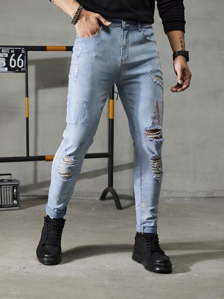 

men letter embroidery ripped jeans 86bw#, Blue