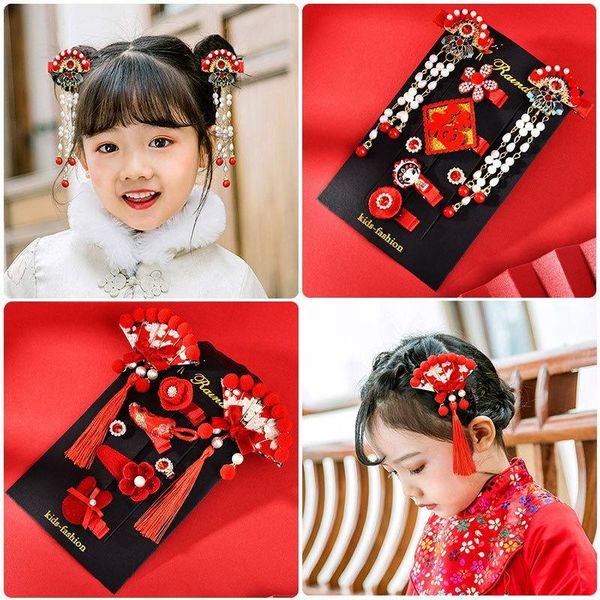 

chinese style new year retro tassel princess flower hairpins gift children girls kids hair clips barrettes accessories headdress, Slivery;white