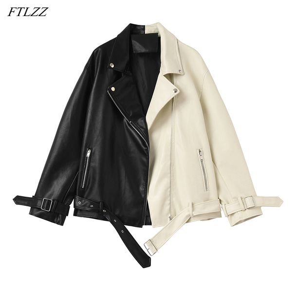 

ftlzz spring autumn lapel splicing pu leather jaet women moto frenulum faux soft leather coat casual loose outwear with belt, Black