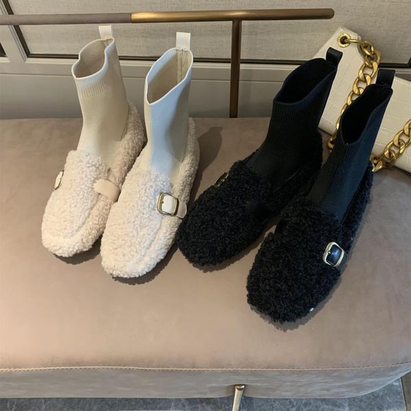 

shoes women's rubber boots plush round toe rain fur low leather mid calf stockings ladies rome flock lace-up hoof, Black